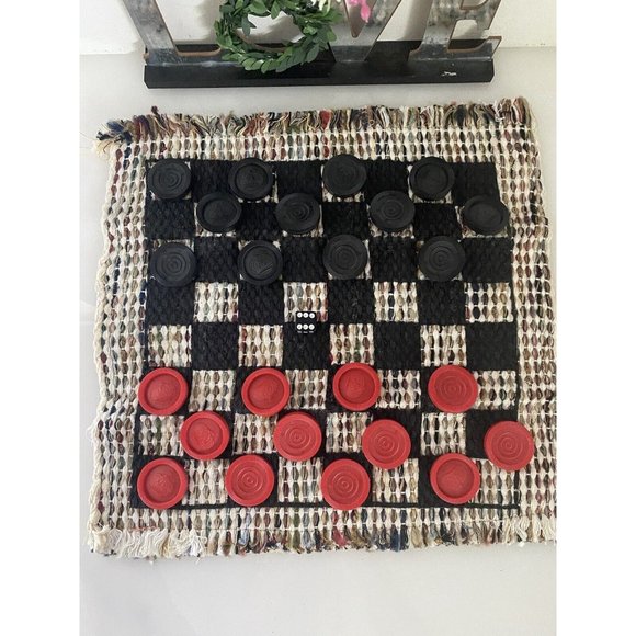 Checkers Board Game with Rug Board 12" x 12½”  12 Black 12 Red Checkers Vintage - Picture 9 of 16